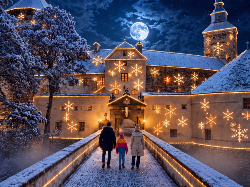 Winterwunder Burg Schlaining - Beleuchtete Burg und Ritter - KI-generiert