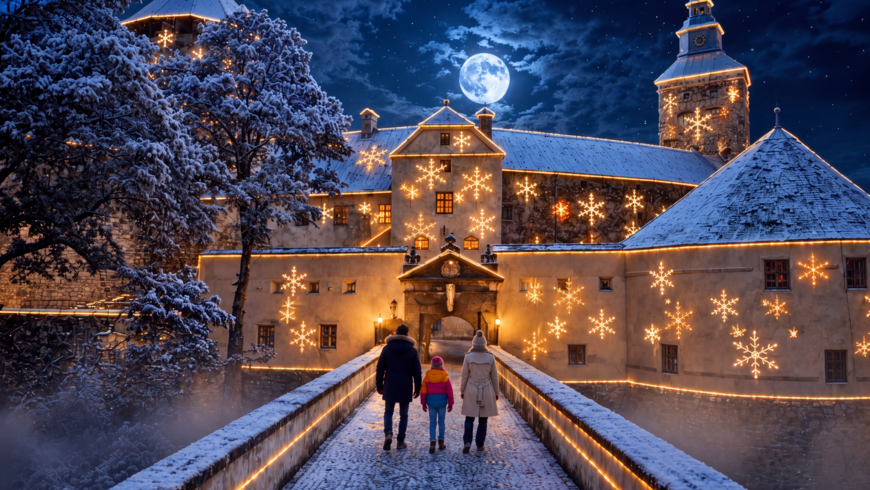Winterwunder Burg Schlaining - Beleuchtete Burg und Ritter - KI-generiert