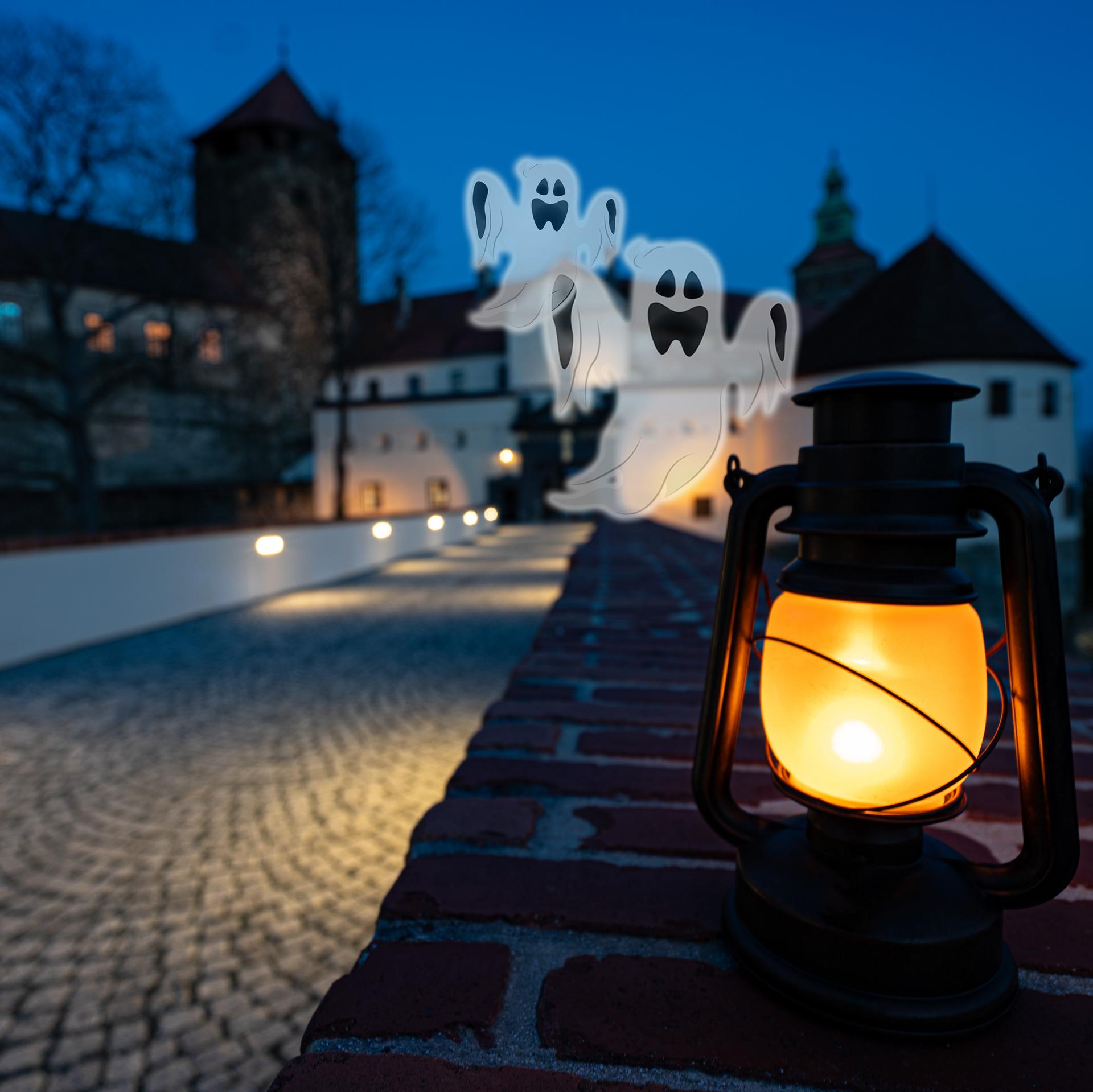 Friedensburg bei Nacht mit Laterne auf der Burgmauer und zwei freundliche Geister als Grafik