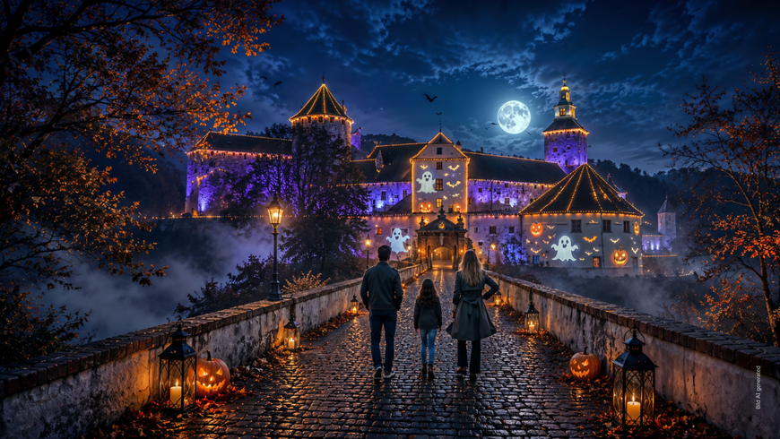 Burg Geflüster Sujet - Beleuchtete Burg zu Halloween - KI generiert