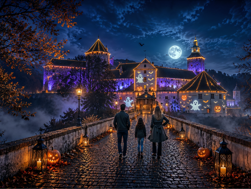 Burg Geflüster Sujet - Beleuchtete Burg zu Halloween - KI generiert