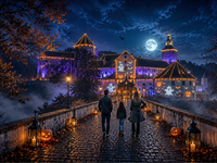 Burg Geflüster Sujet - Beleuchtete Burg zu Halloween - KI generiert