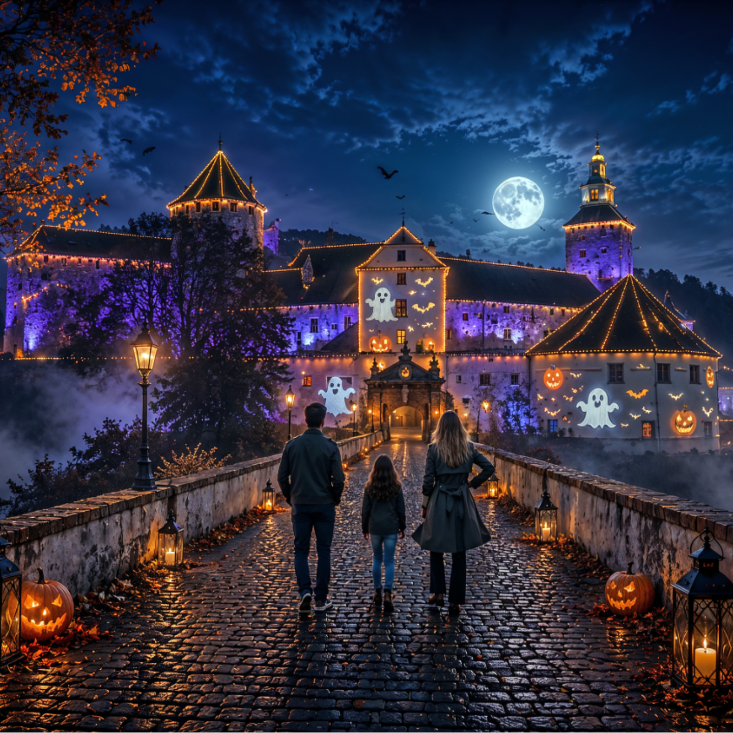 Burg Geflüster Sujet - Beleuchtete Burg zu Halloween - KI generiert